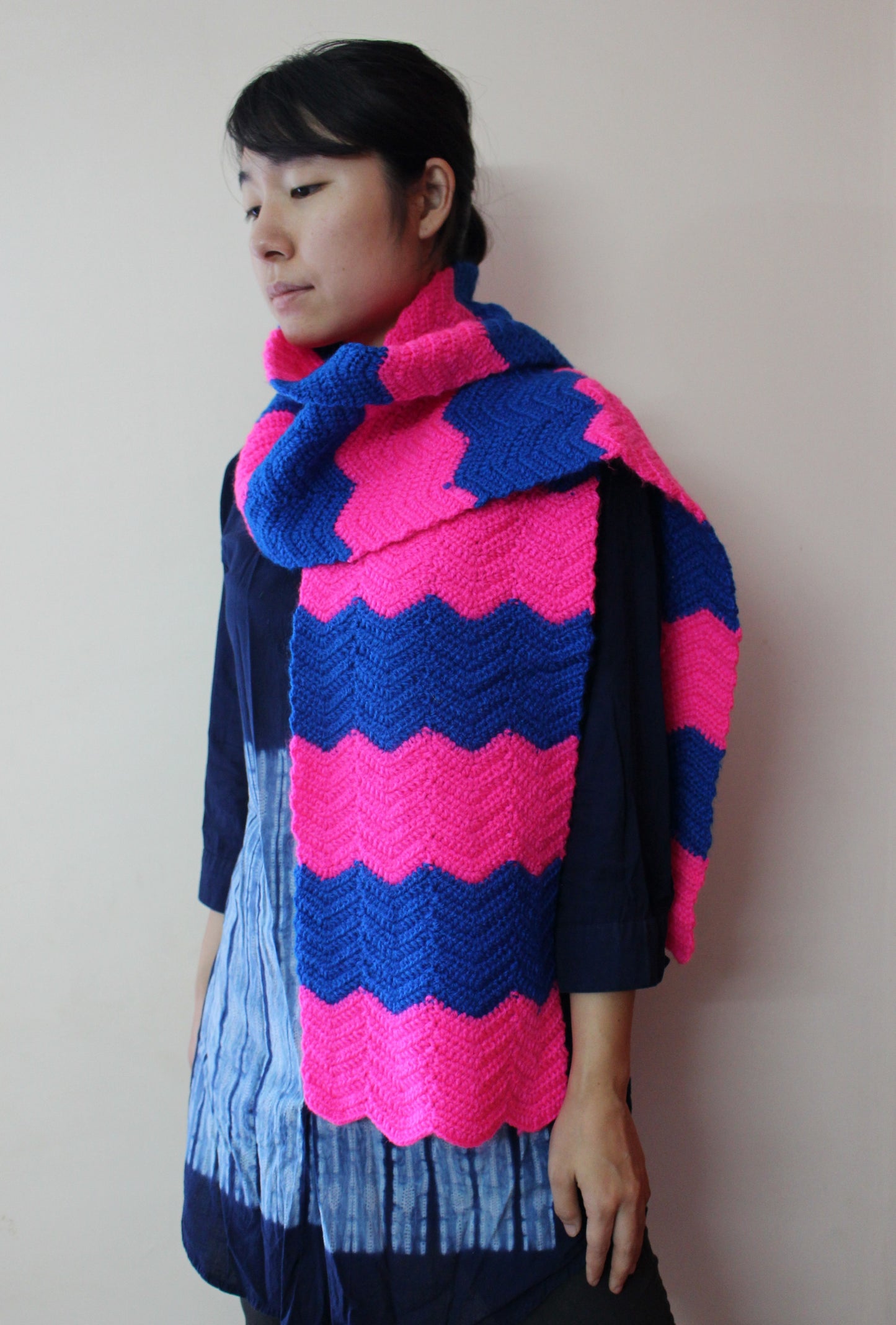 Hand Knitted Woollen Scarf- Blue-Pink