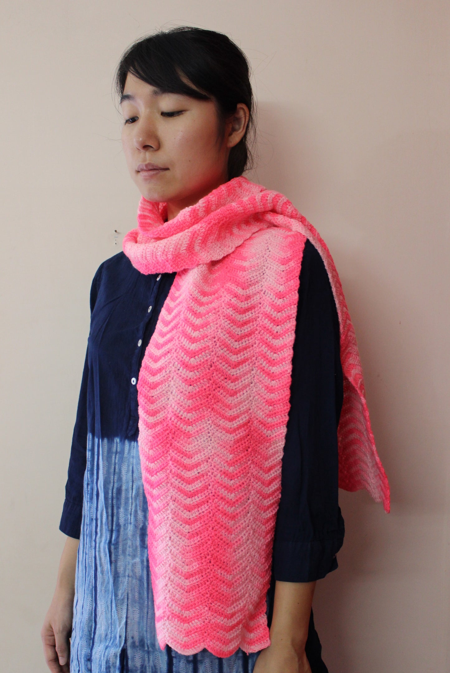 Hand Knitted Woollen Scarf- Checkered Pink