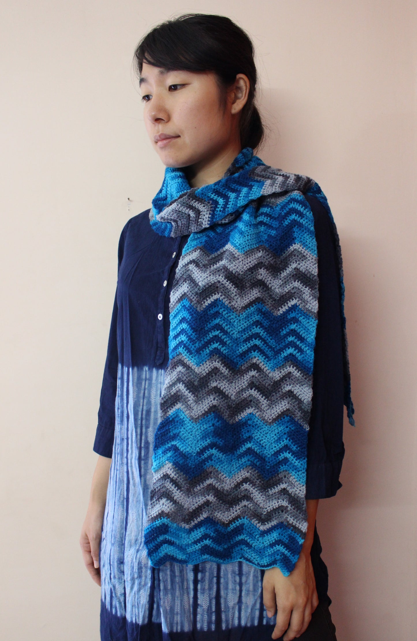 Hand Knitted Woollen Scarf- Patterned Blue