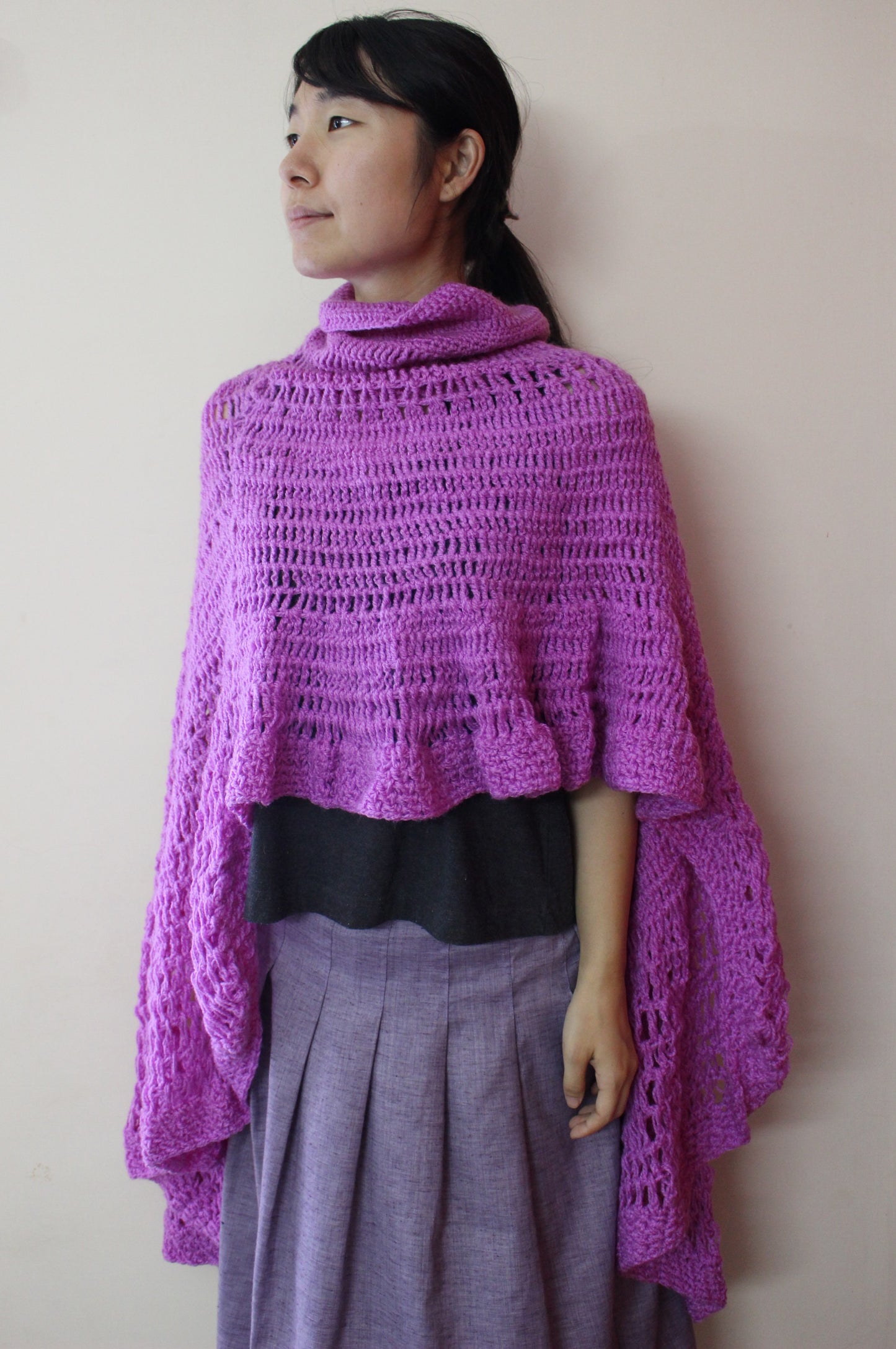 Hand Knitted Woollen Poncho- Magenta