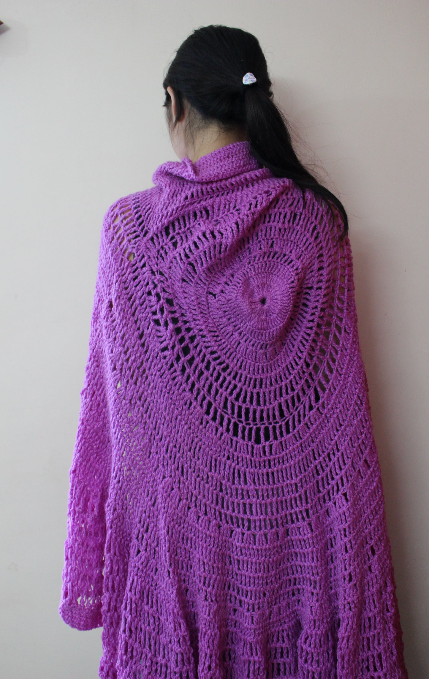 Hand Knitted Woollen Poncho- Magenta