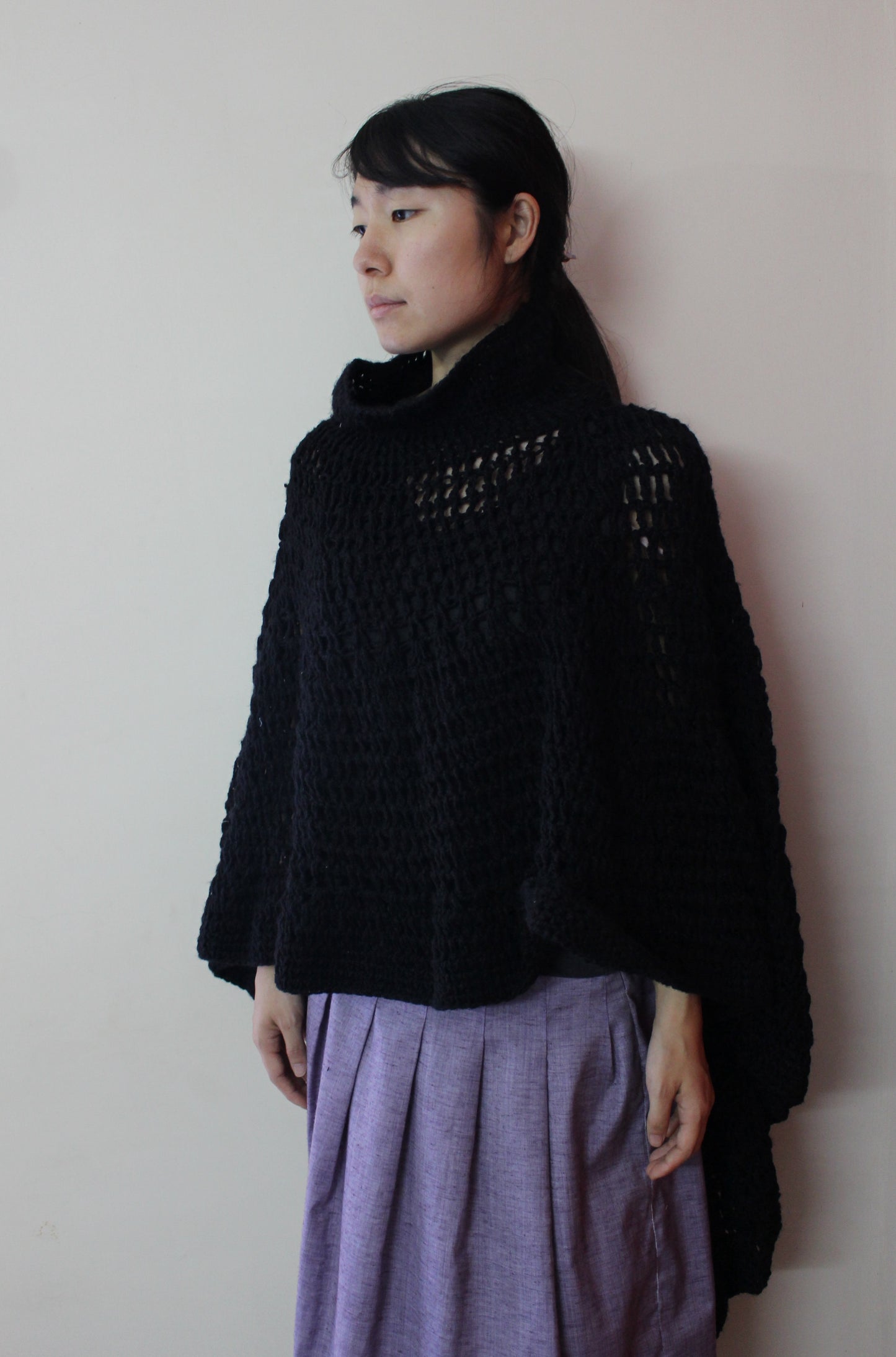 Hand Knitted Woollen Poncho- Black