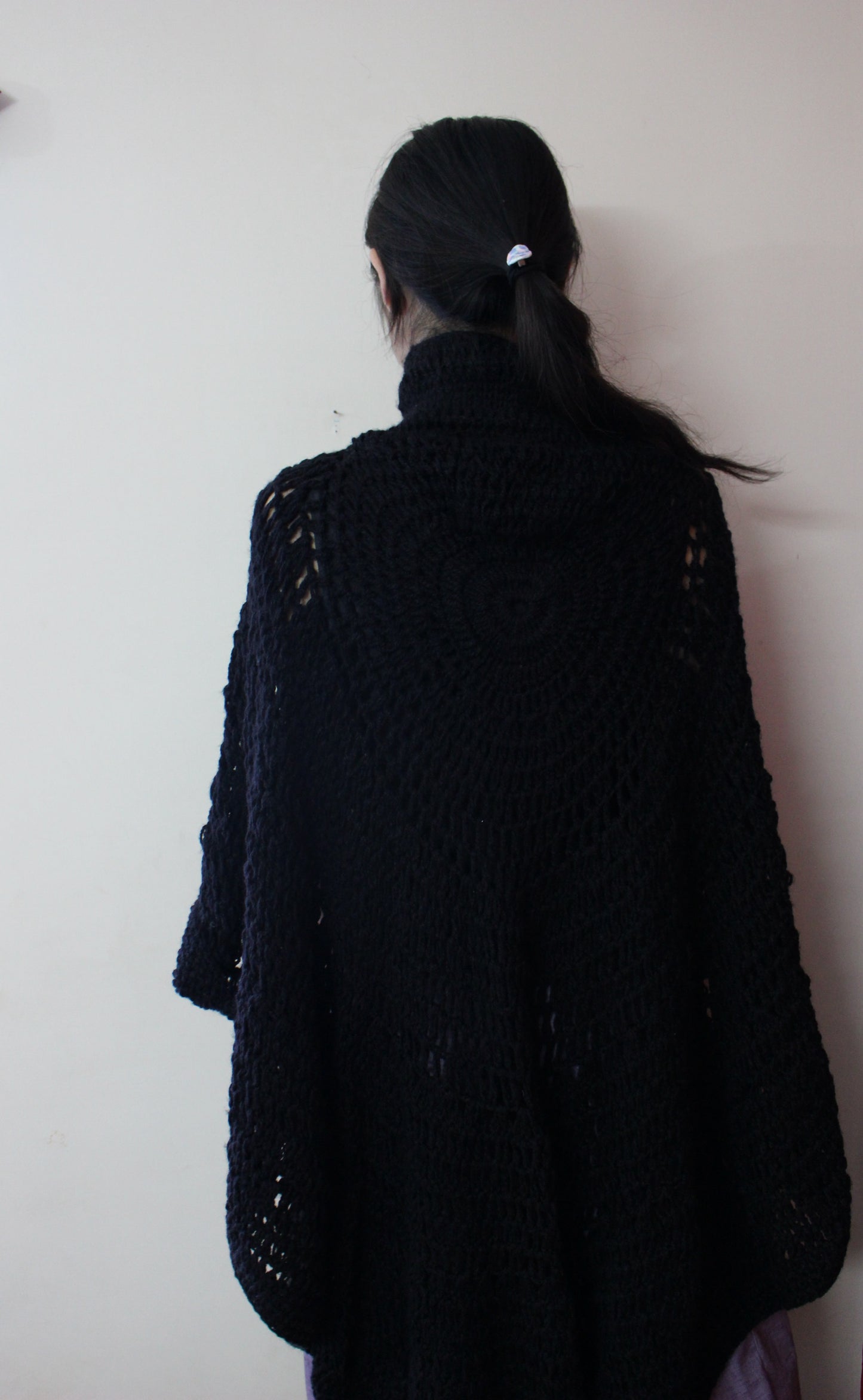 Hand Knitted Woollen Poncho- Black