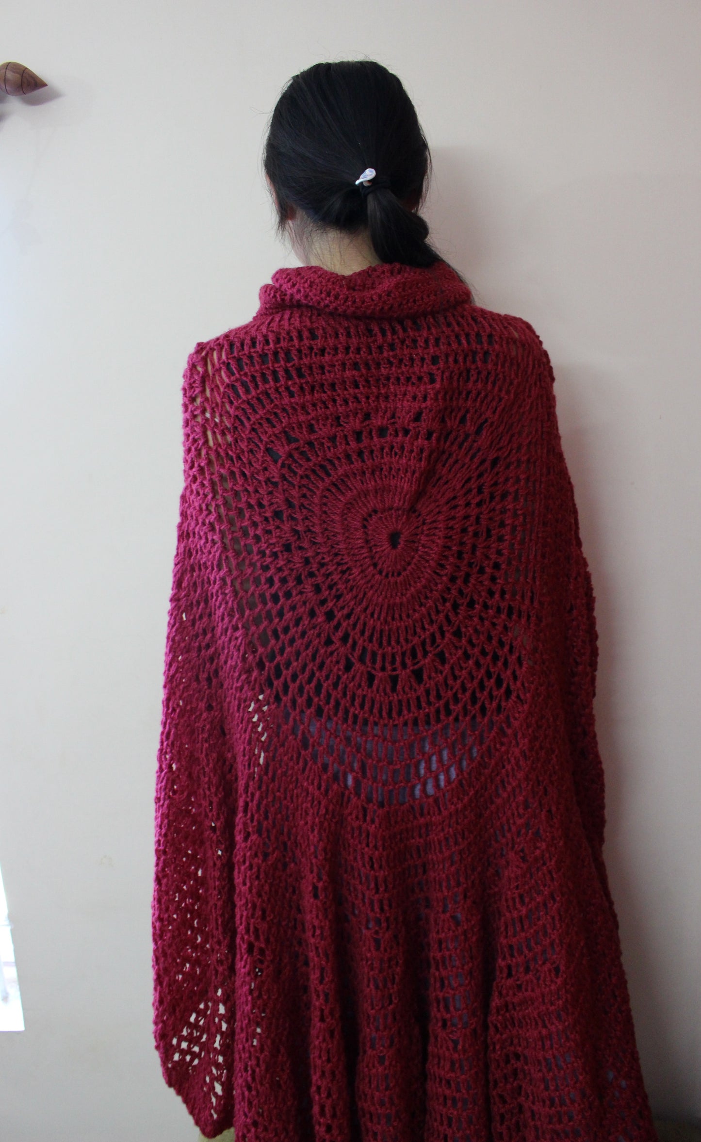 Hand Knitted Woollen Poncho- Mehroon