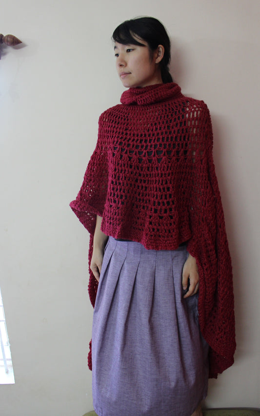 Hand Knitted Woollen Poncho- Mehroon