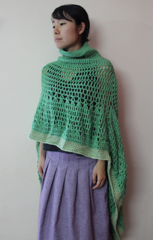 Hand Knitted Woollen Poncho- Aqua