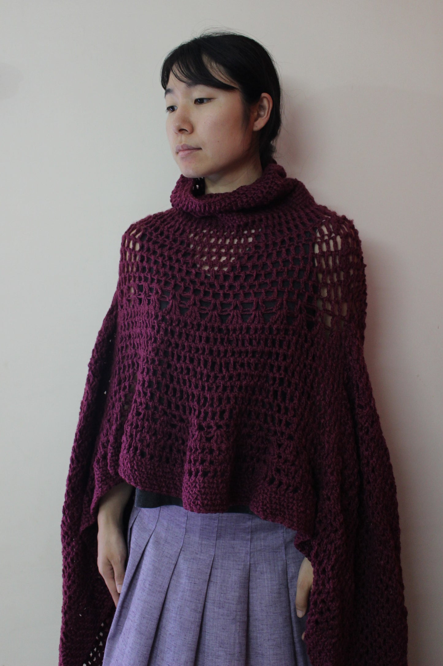 Hand Knitted Woollen Poncho- Plum