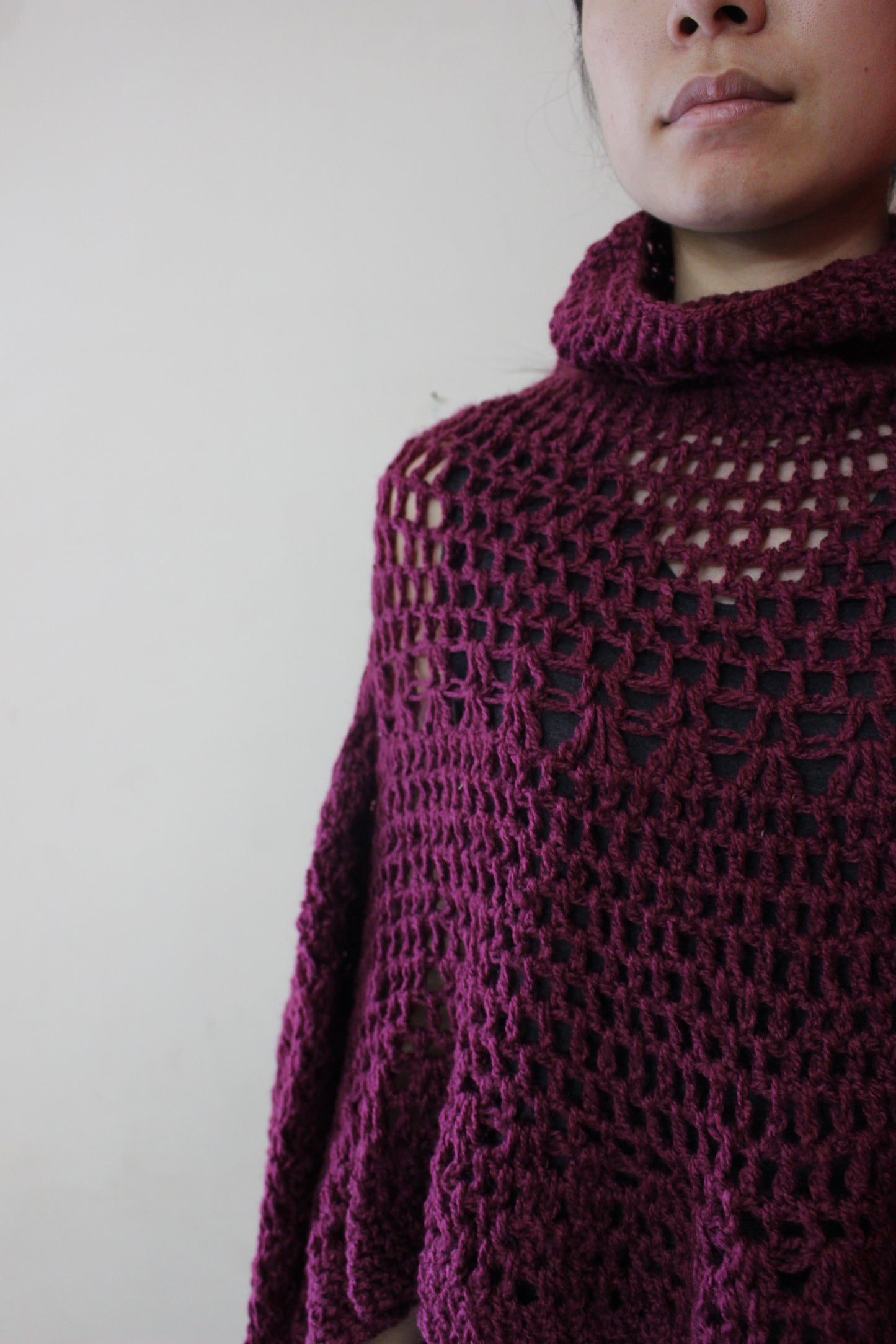 Hand Knitted Woollen Poncho- Plum