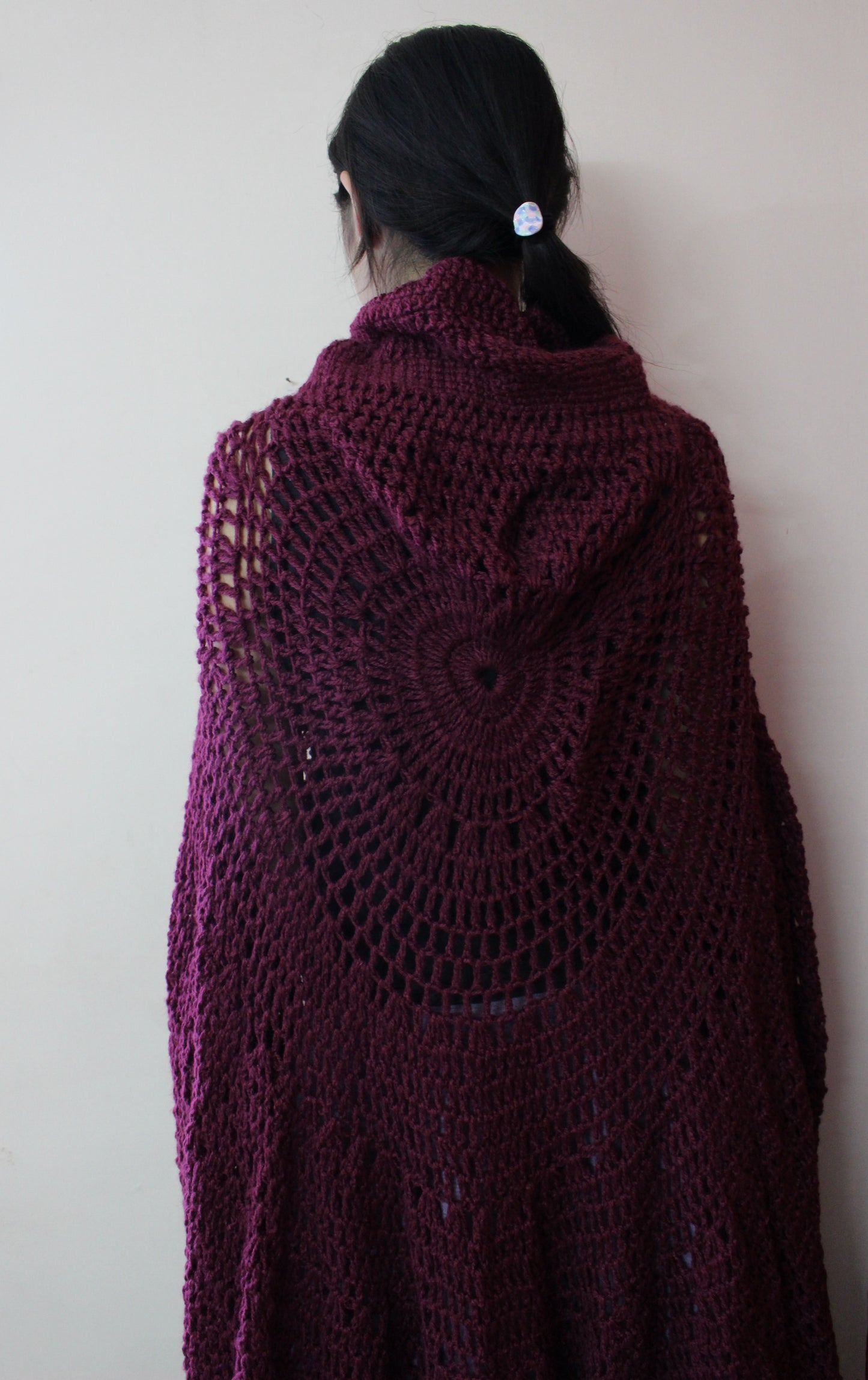 Hand Knitted Woollen Poncho- Plum