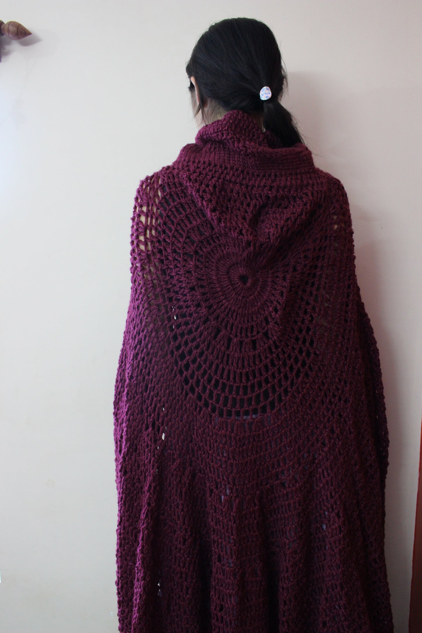 Hand Knitted Woollen Poncho- Plum