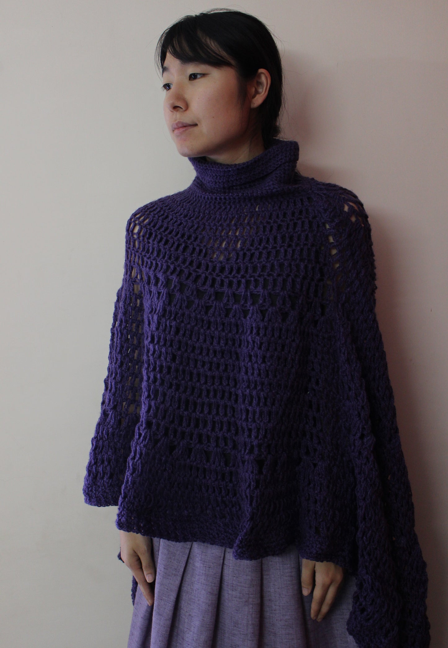 Hand Knitted Woollen Poncho- Violet