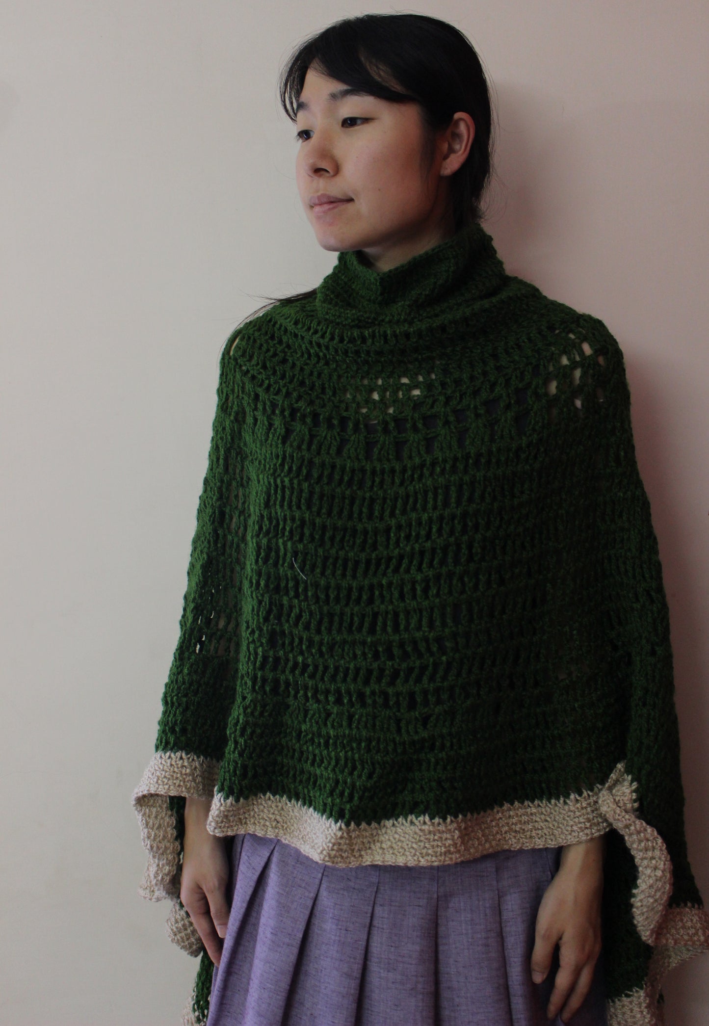 Hand Knitted Woollen Poncho- Green & White Border