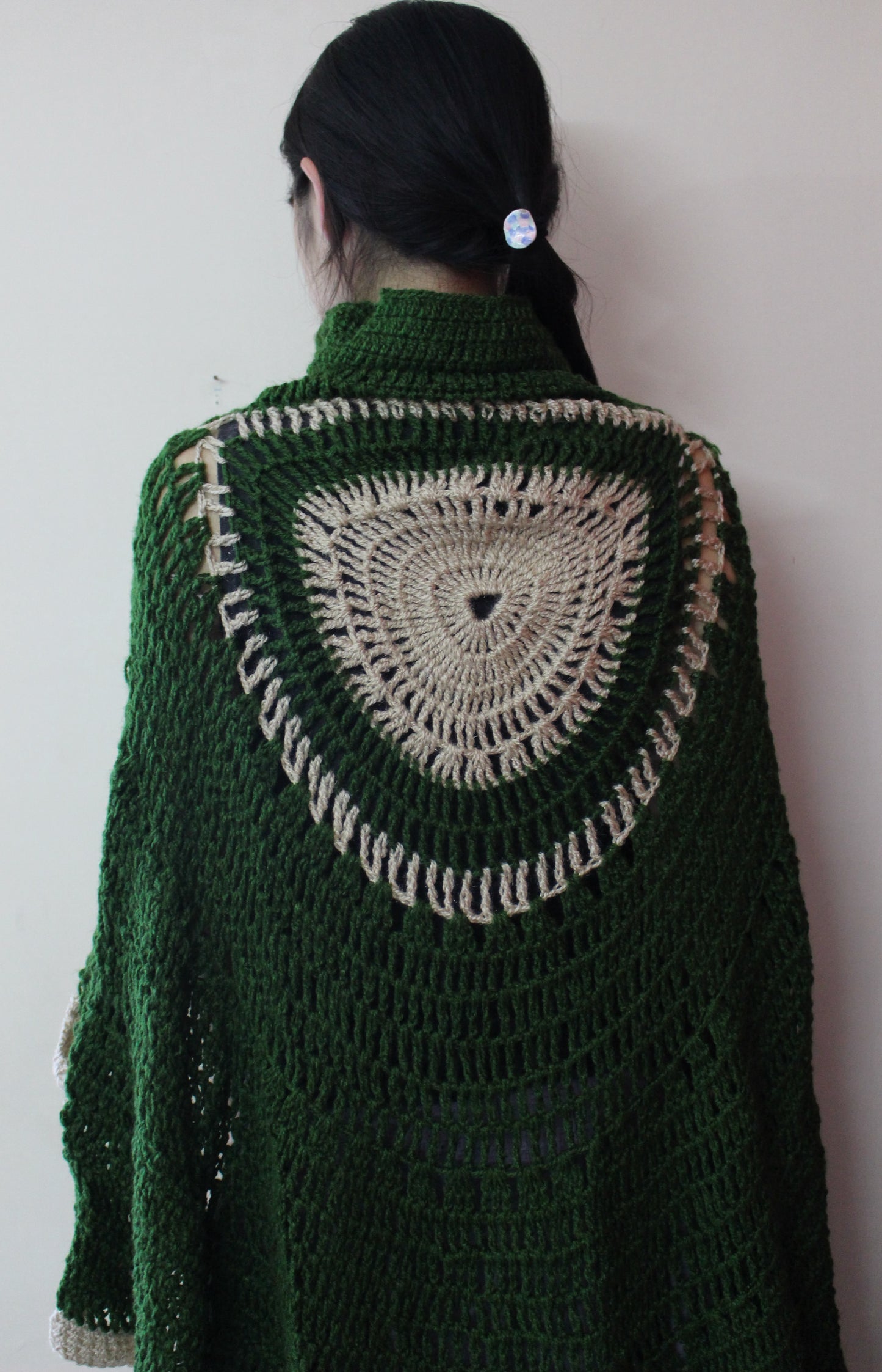 Hand Knitted Woollen Poncho- Green & White Border