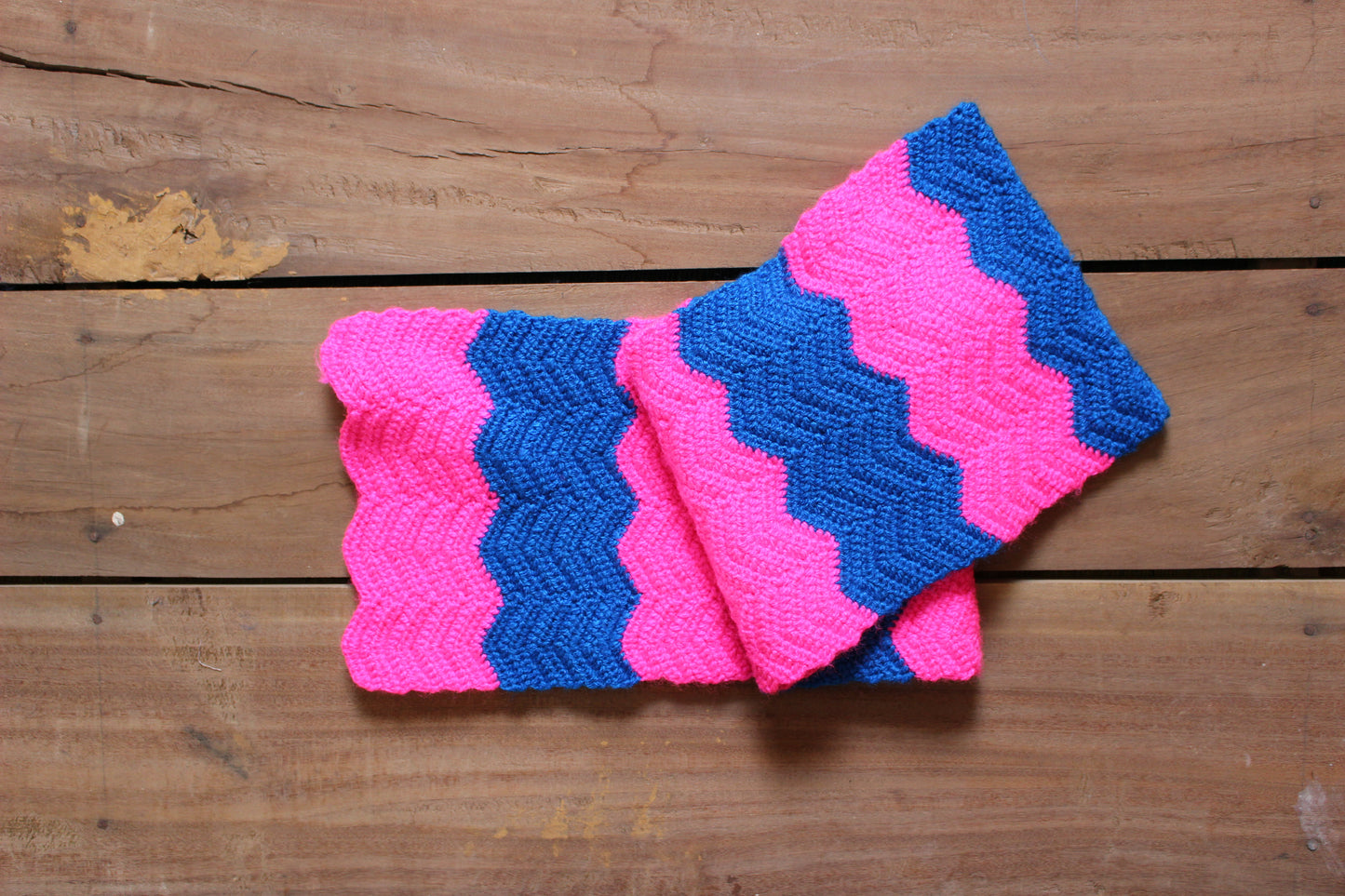 Hand Knitted Woollen Scarf- Blue-Pink