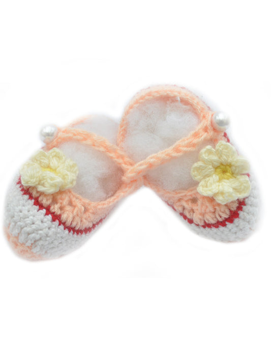 Hand Knitted Woollen Kids Shoes- Peach Flowers