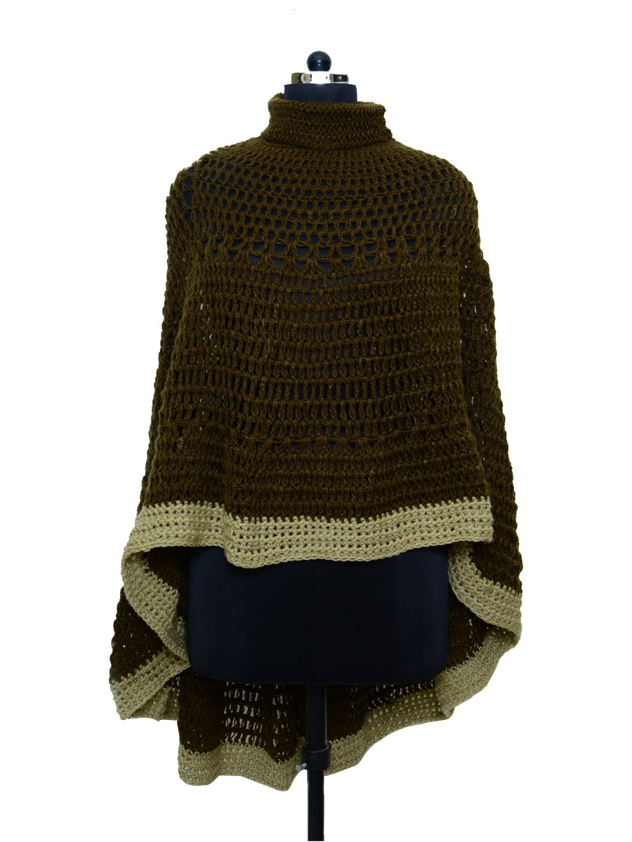 Hand Knitted Woollen Poncho- Brown