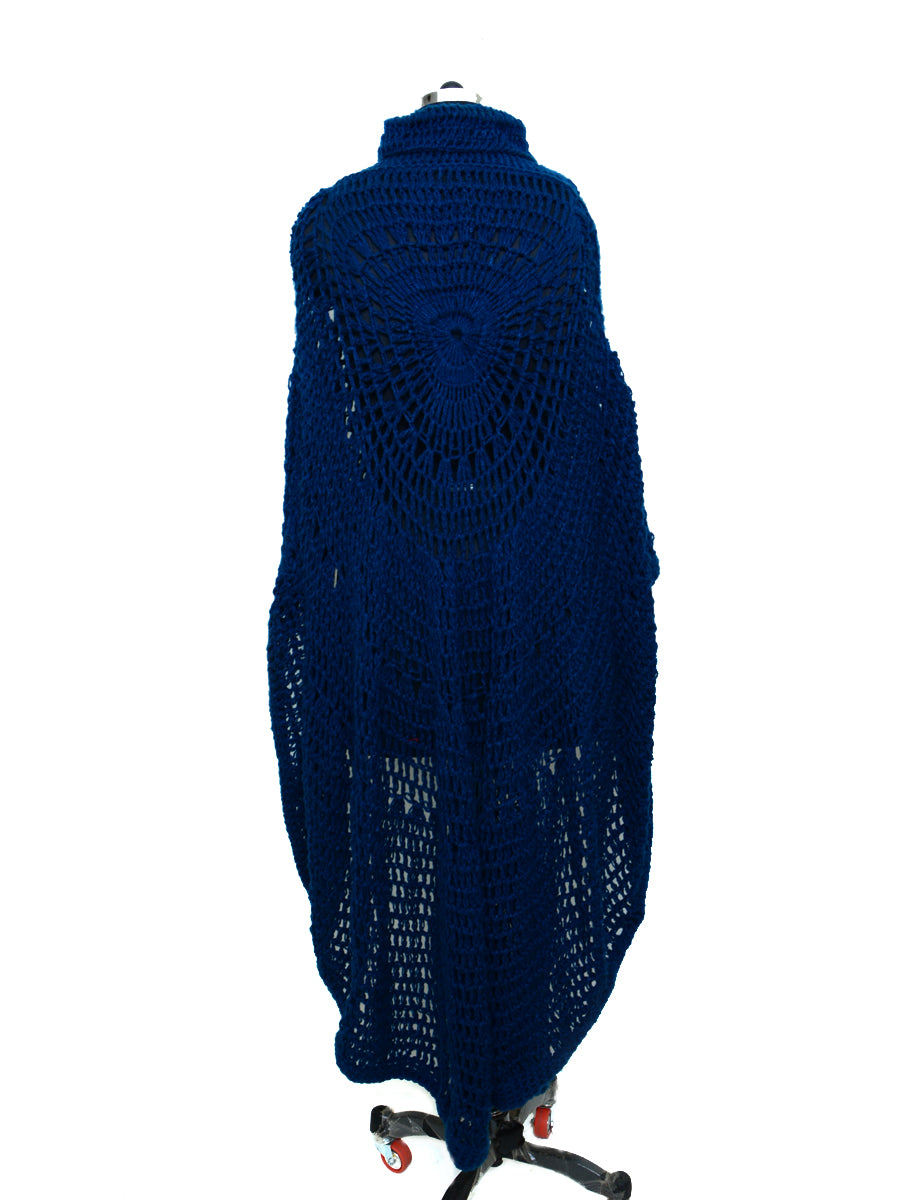 Hand Knitted Woollen Poncho- Navy Blue