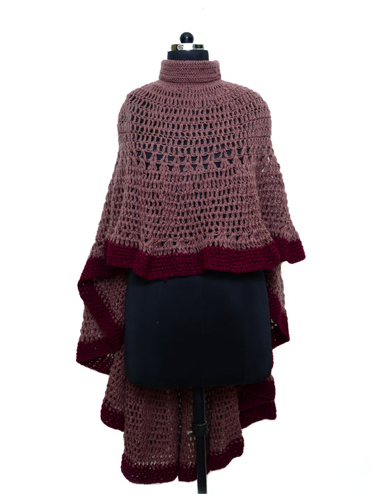 Hand Knitted Woollen Poncho- Mehroon