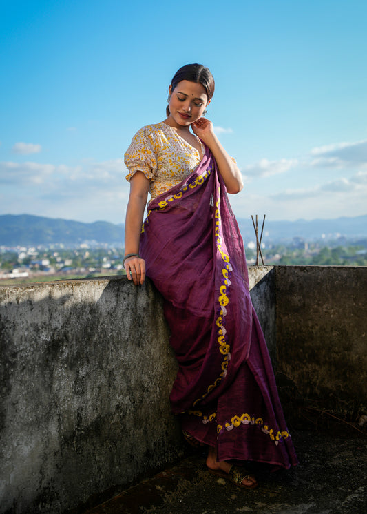 Viola | Pure Linen Handwoven Hand embroidered Pansy Saree