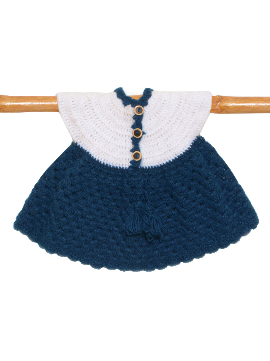 Hand Knitted Woollen Frock- Blue-White