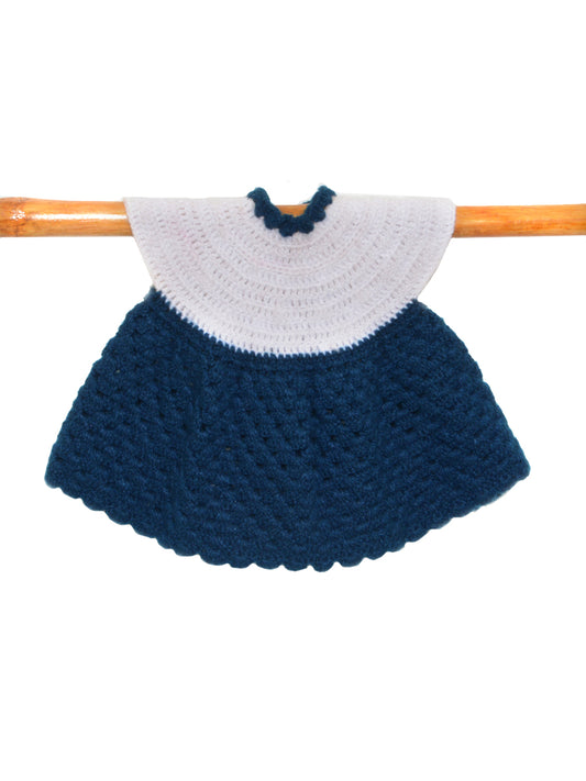 Hand Knitted Woollen Frock- Blue-White