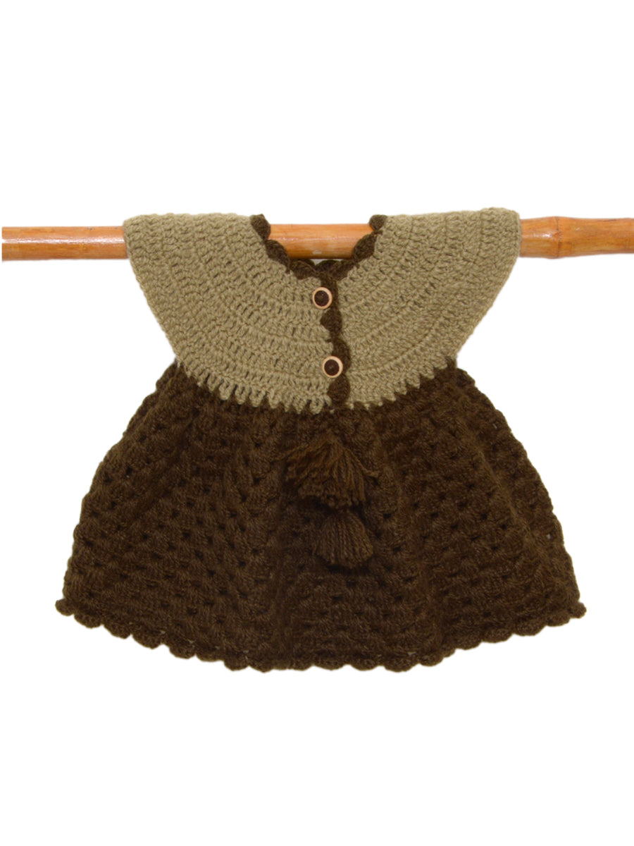 Hand Knitted Woollen Frock- Brown-Beige