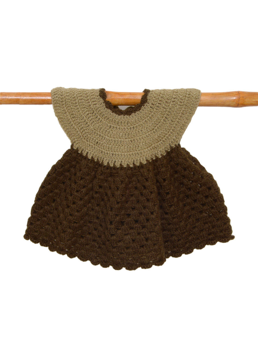 Hand Knitted Woollen Frock- Brown-Beige