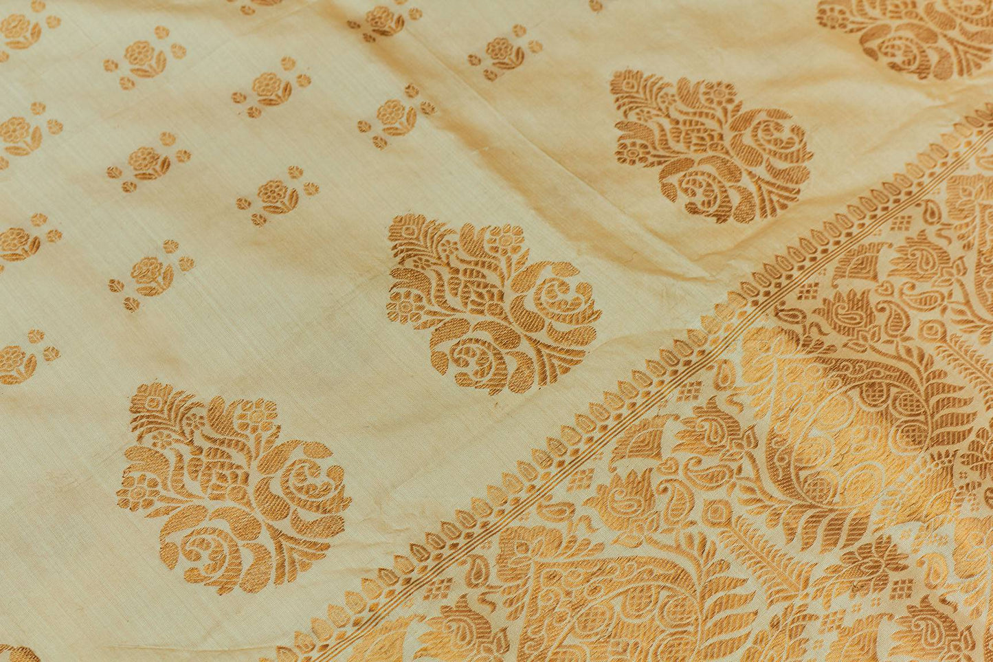 Ivory & Gold Assam Pat Handloom Silk Sari