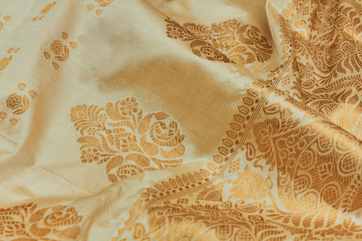 Ivory & Gold Assam Pat Handloom Silk Sari