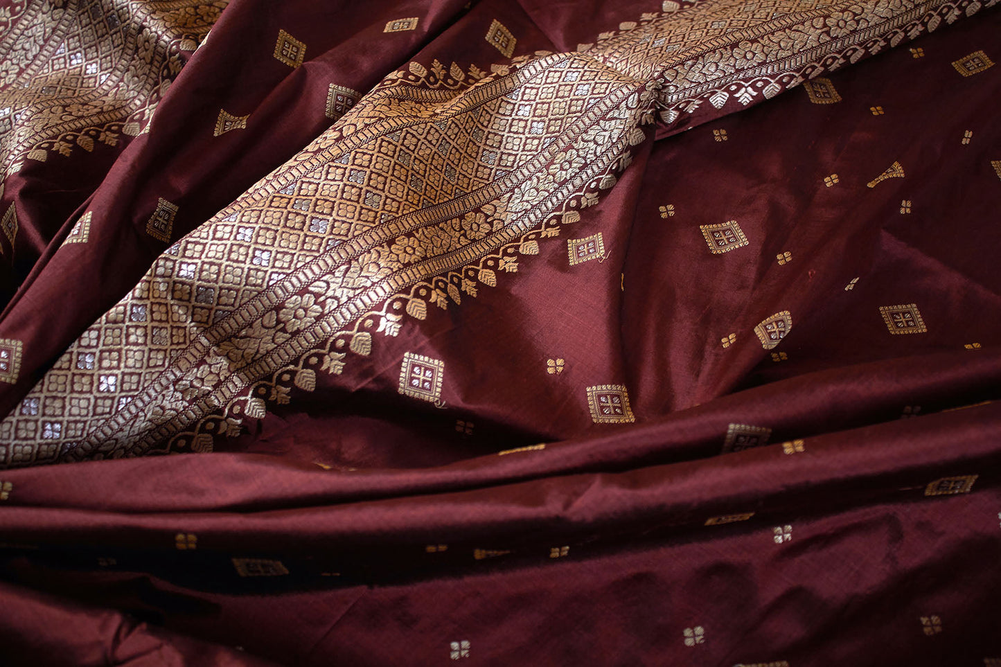 Maroon Natural Dyed Mulberry with Muga Work Assam Silk Saree- Made to order