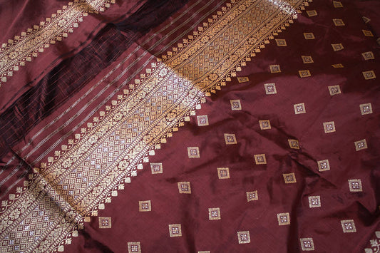 Maroon Natural Dyed Mulberry with Muga Work Assam Silk Saree- Made to order