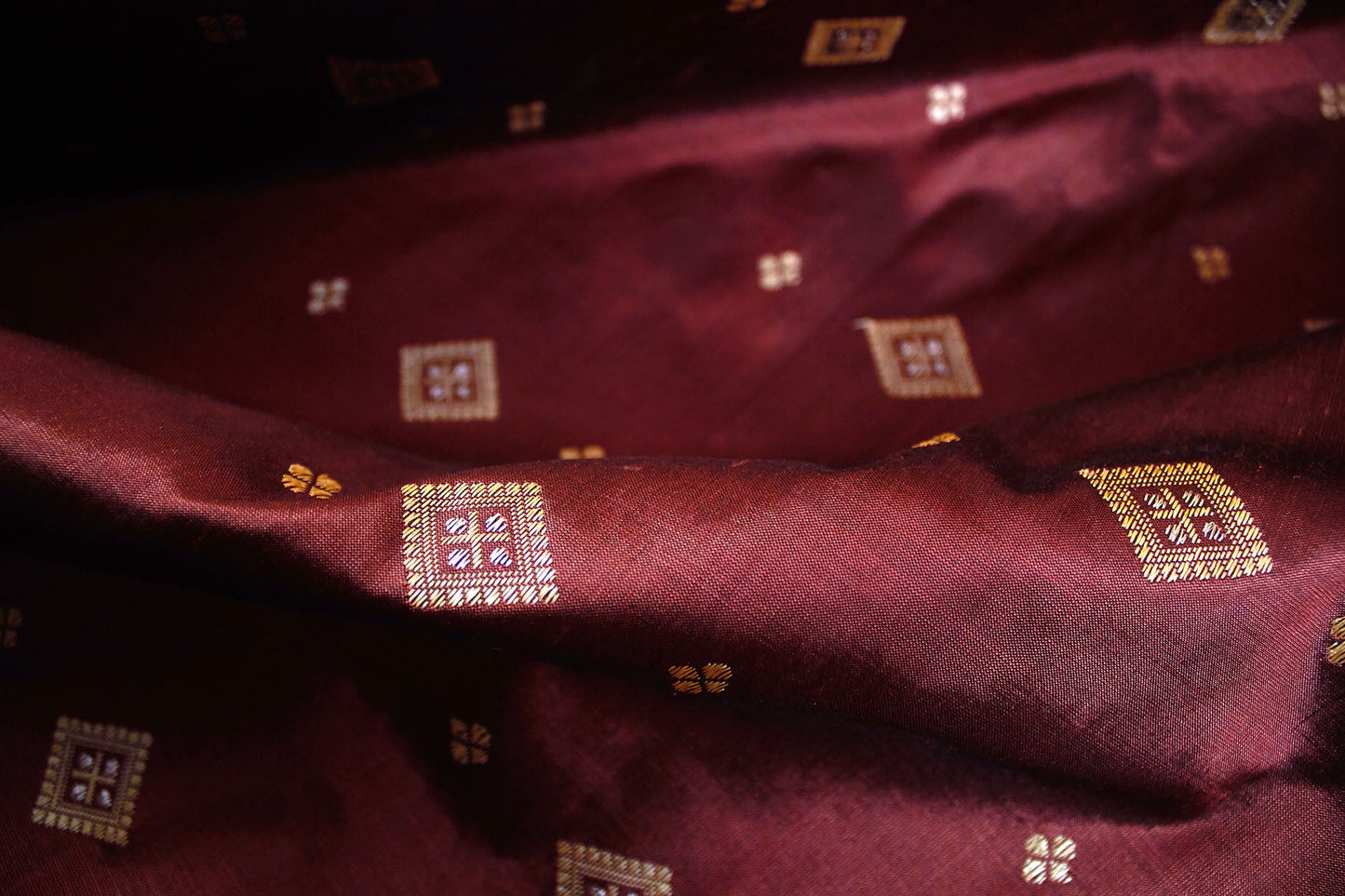 Maroon Natural Dyed Mulberry with Muga Work Assam Silk Saree- Made to order