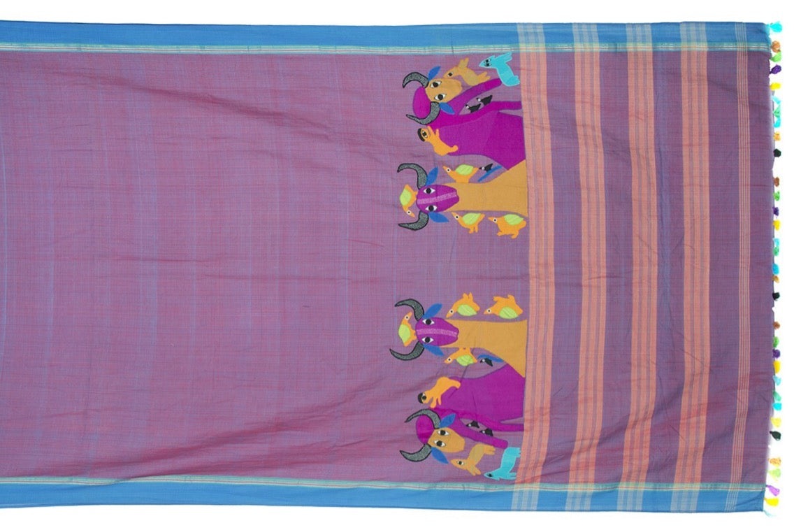 Gond Applique Cotton Handloom Sari ( Fabriqué sur commande )