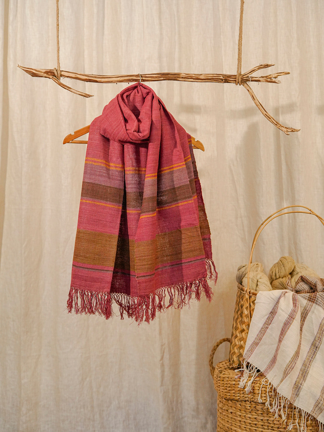 Handwoven Plum Pink Eri Silk Stole | Striped