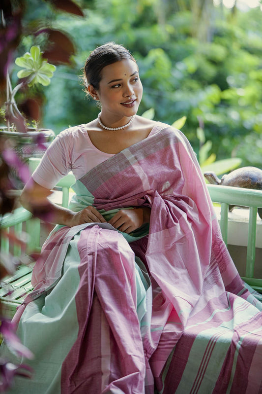 Mint-Pink Assam Cotton Handloom Saree