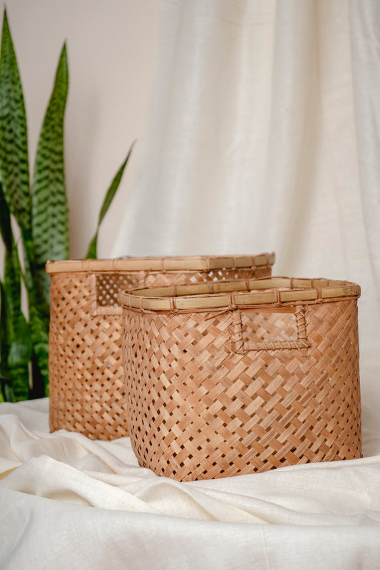 Handwoven Bamboo Rectangle Basket with Handle