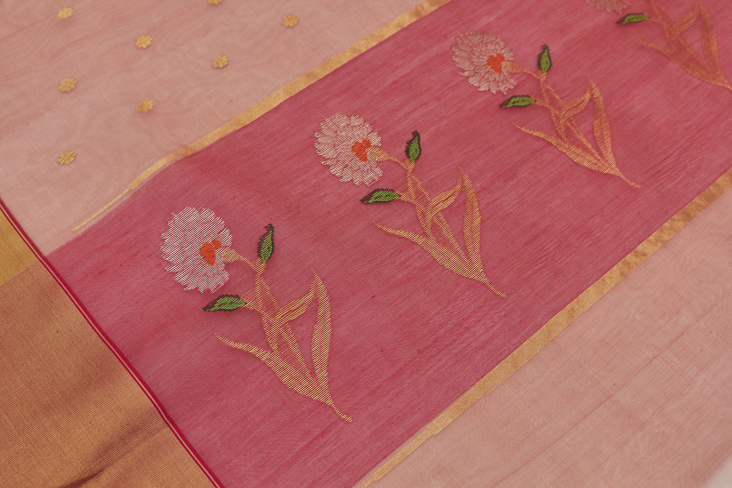 Pink & Pink Flower Chanderi Handloom Saree