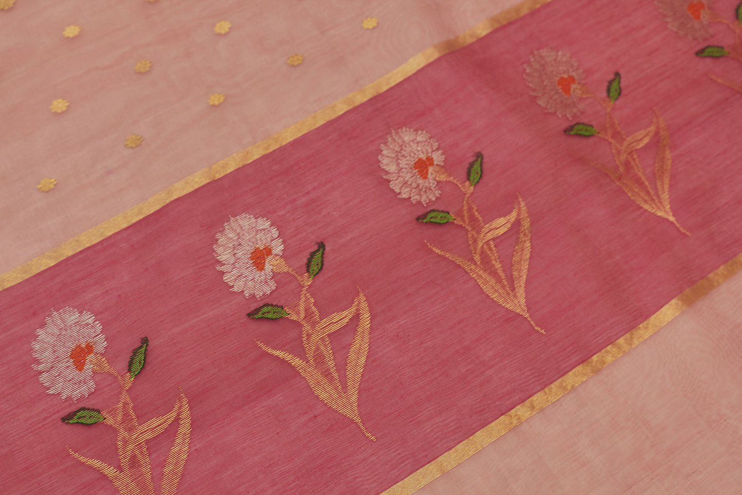 Pink & Pink Flower Chanderi Handloom Saree