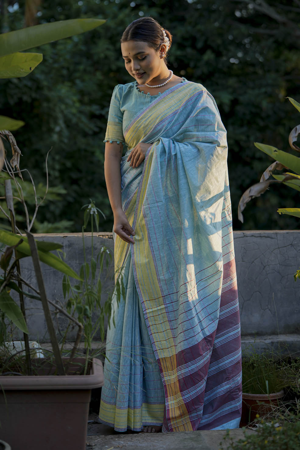 Blue-Mehroon Cotton Handwoven Saree