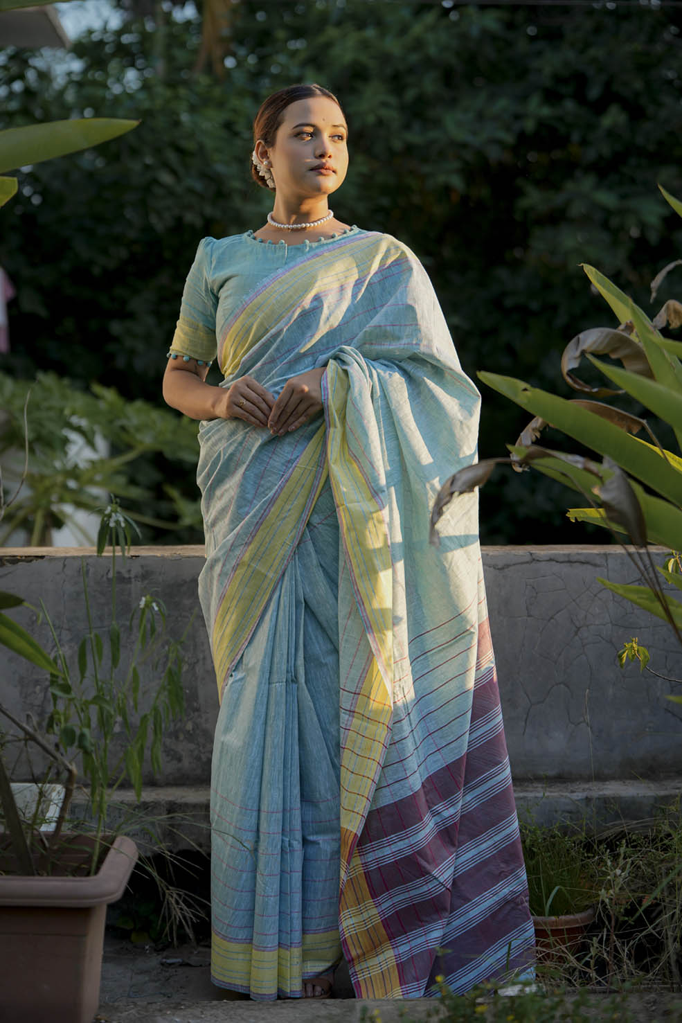 Blue-Mehroon Cotton Handwoven Saree