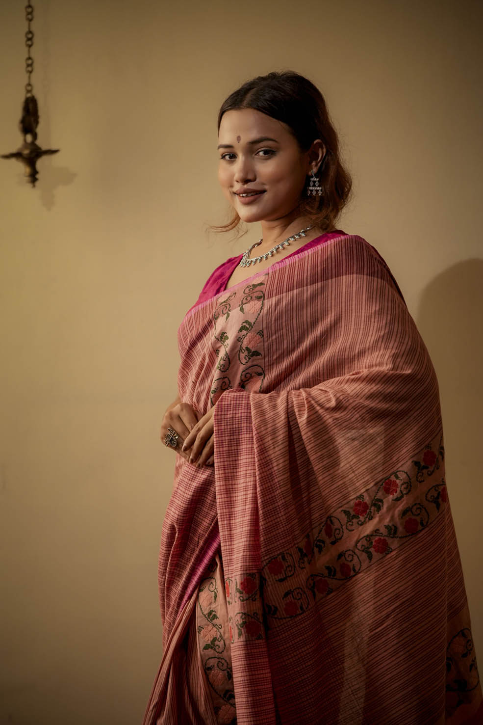 Pink-Orange Natural Cotton Saree