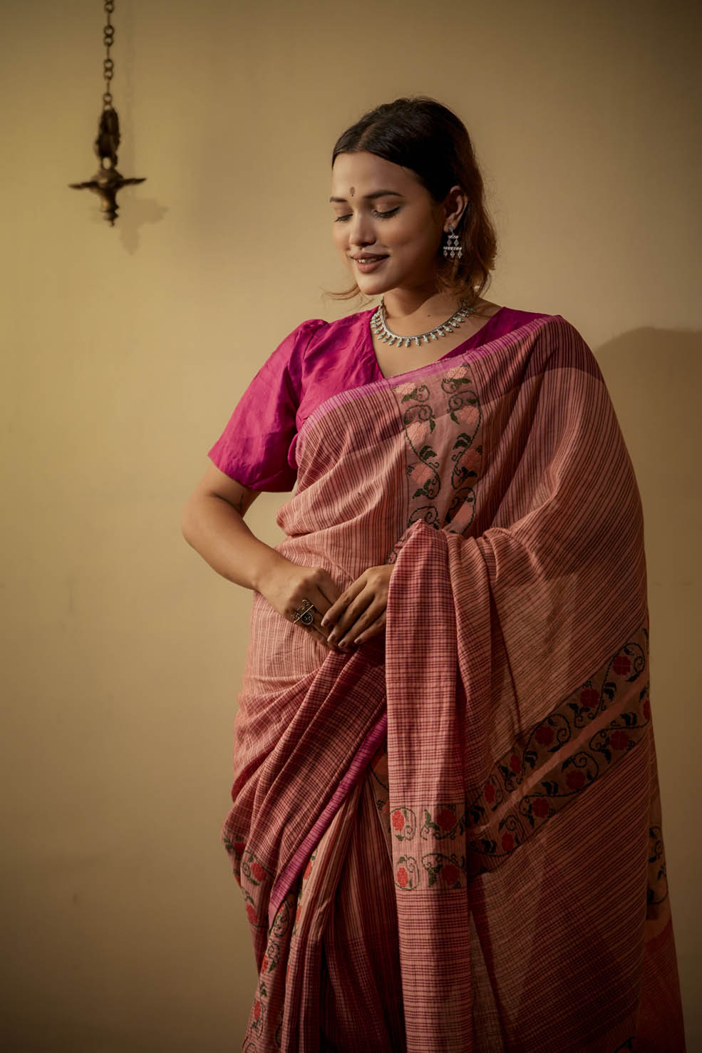 Pink-Orange Natural Cotton Saree