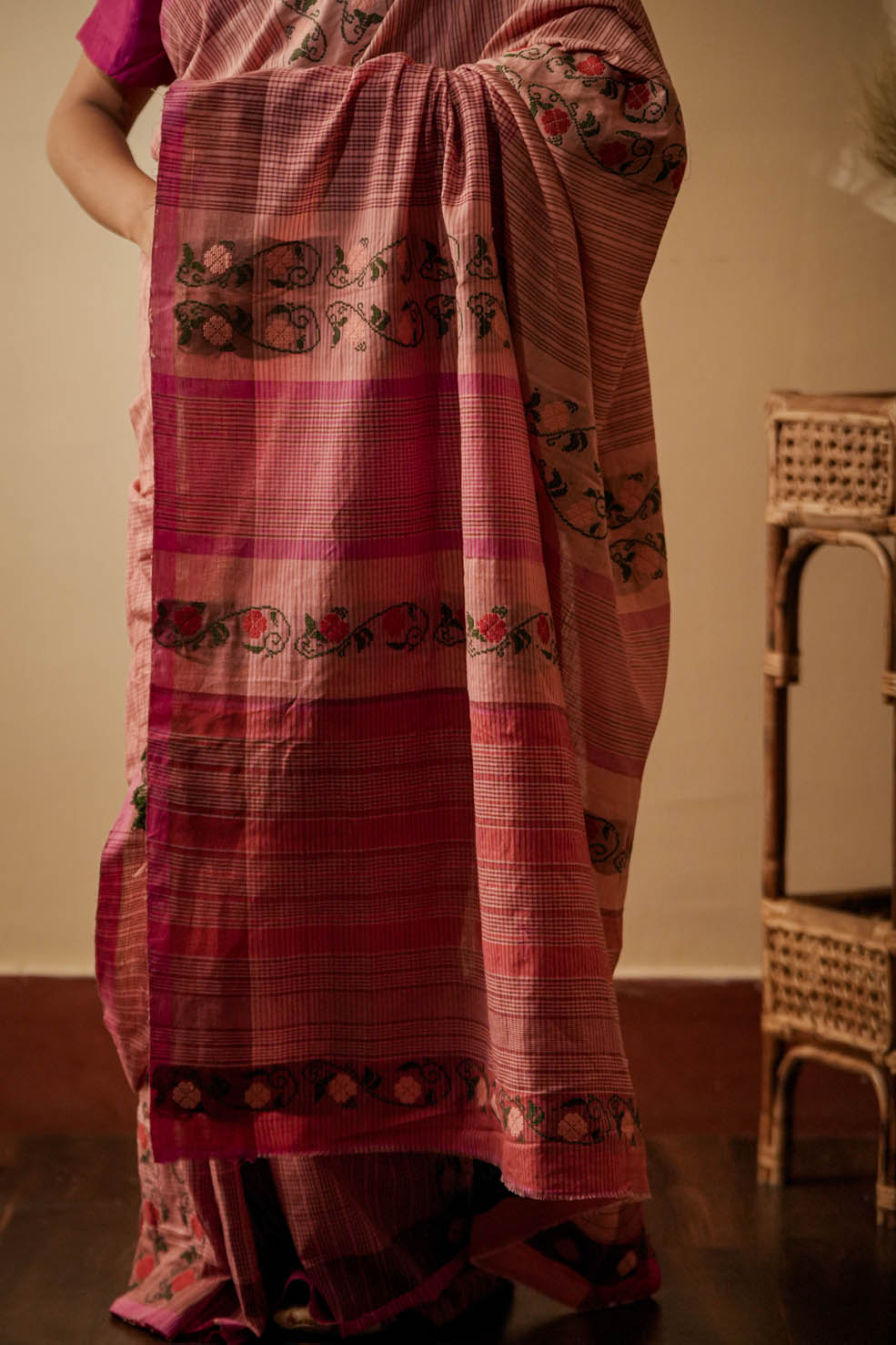 Pink-Orange Natural Cotton Saree