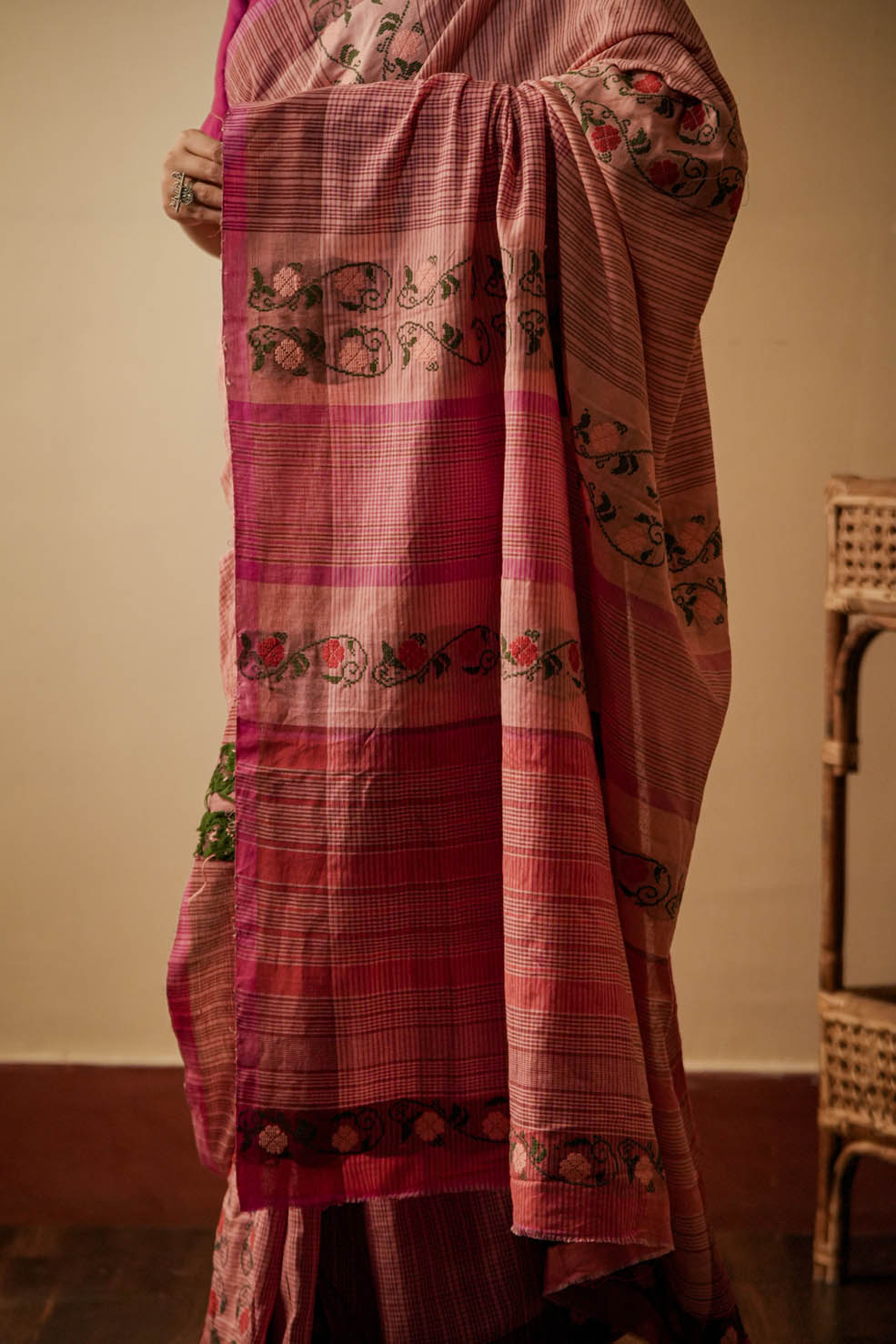 Pink-Orange Natural Cotton Saree