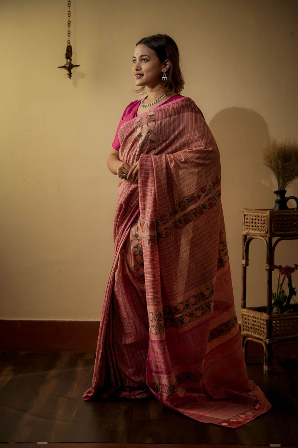 Pink-Orange Natural Cotton Saree