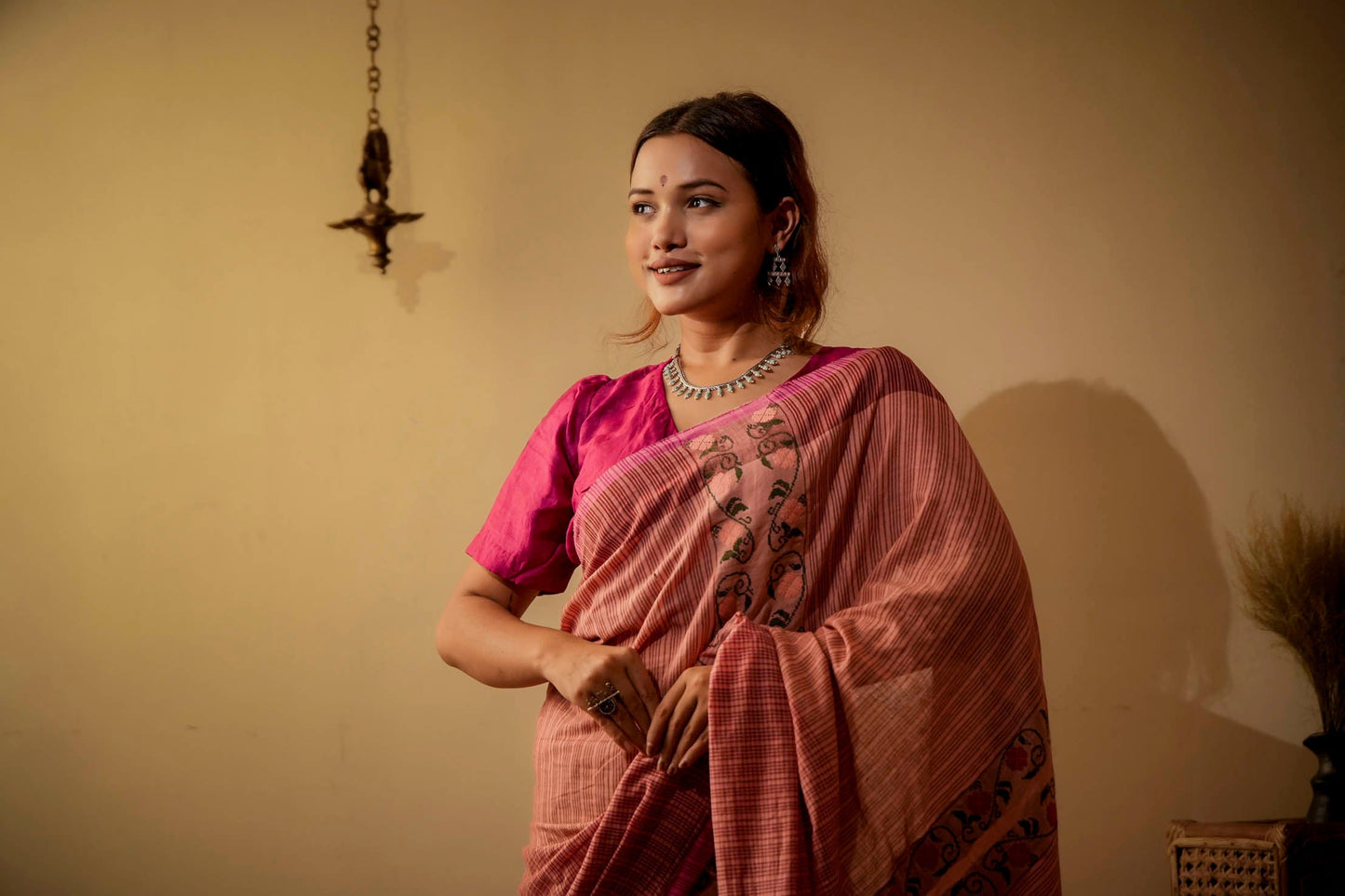 Pink-Orange Natural Cotton Saree