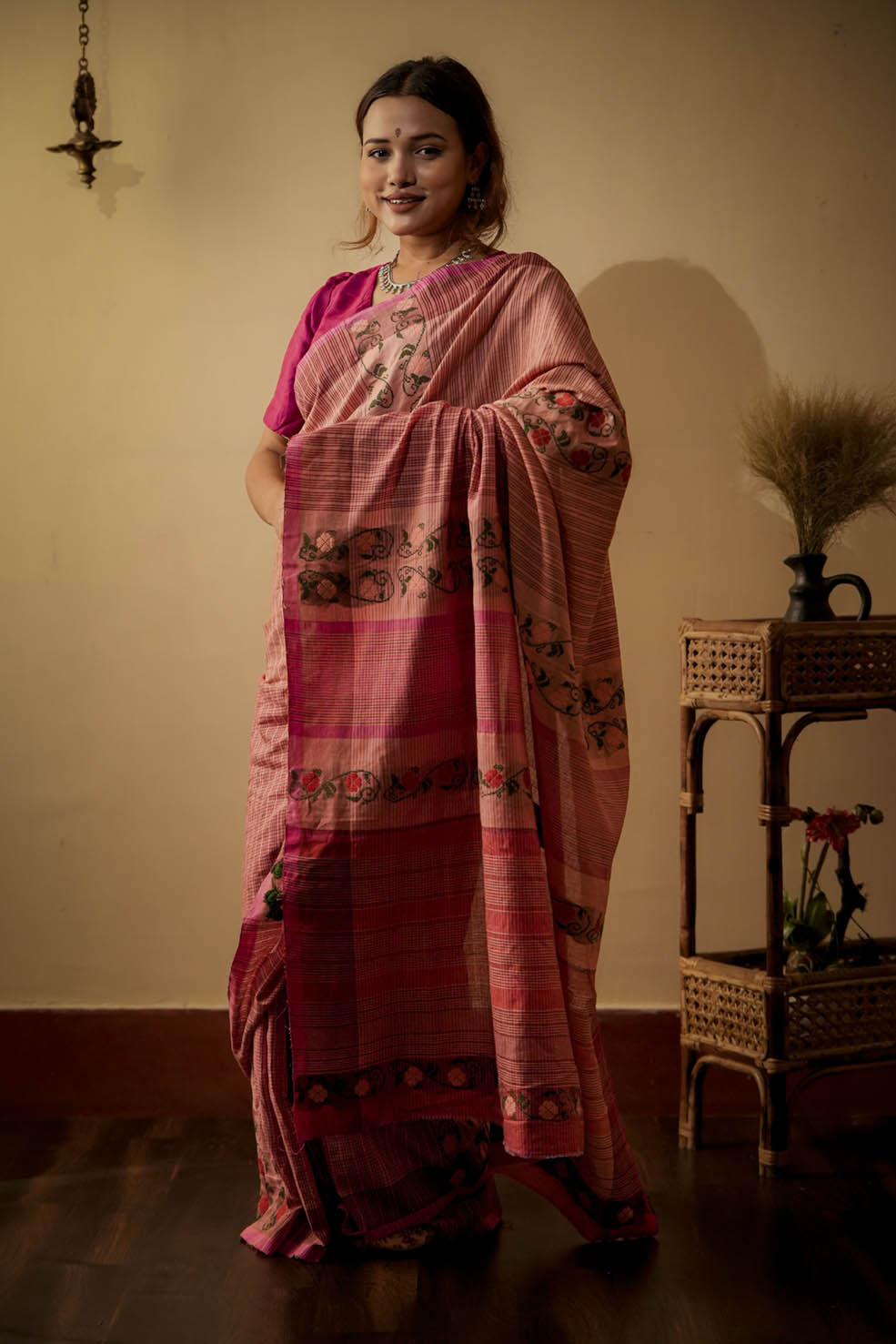 Pink-Orange Natural Cotton Saree