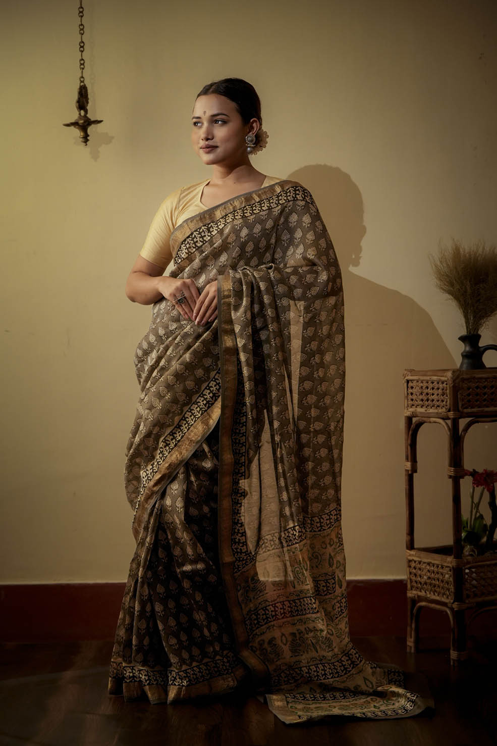 Cotton-Silk Handblock Printed Saree