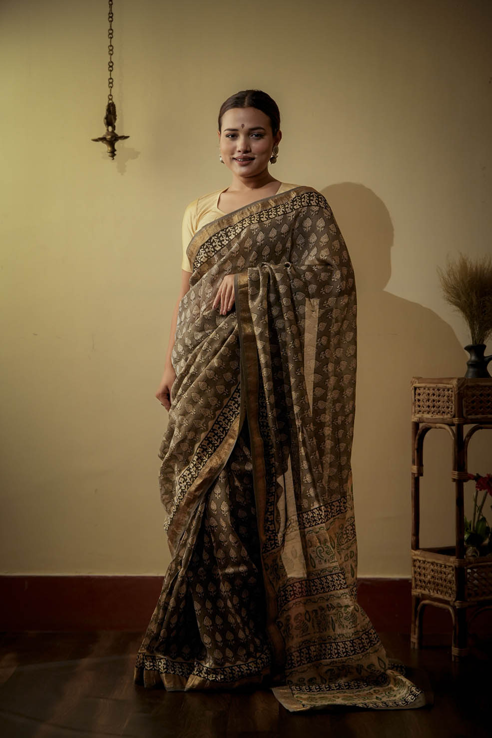 Cotton-Silk Handblock Printed Saree