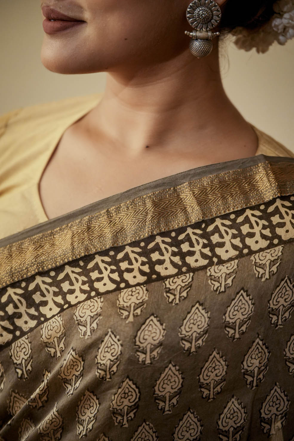 Cotton-Silk Handblock Printed Saree